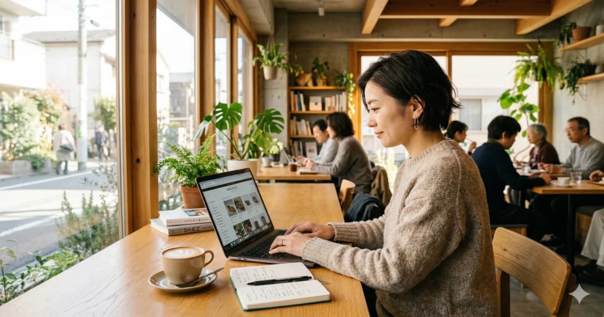 カフェでノートPCを使って作業するオーナー
