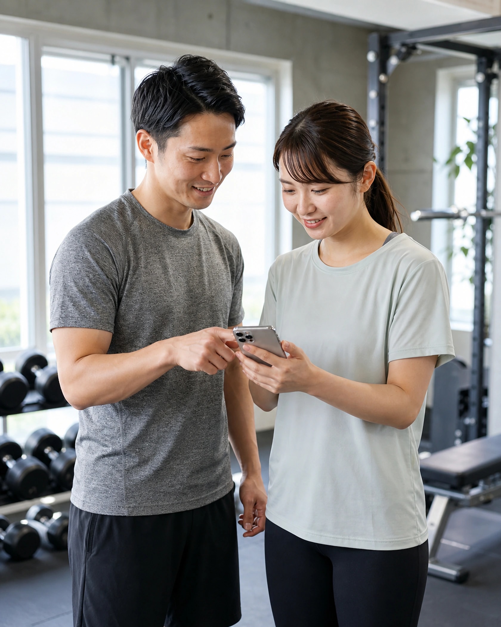 トレーナーとお客様がスマートフォンで予約を確認する様子