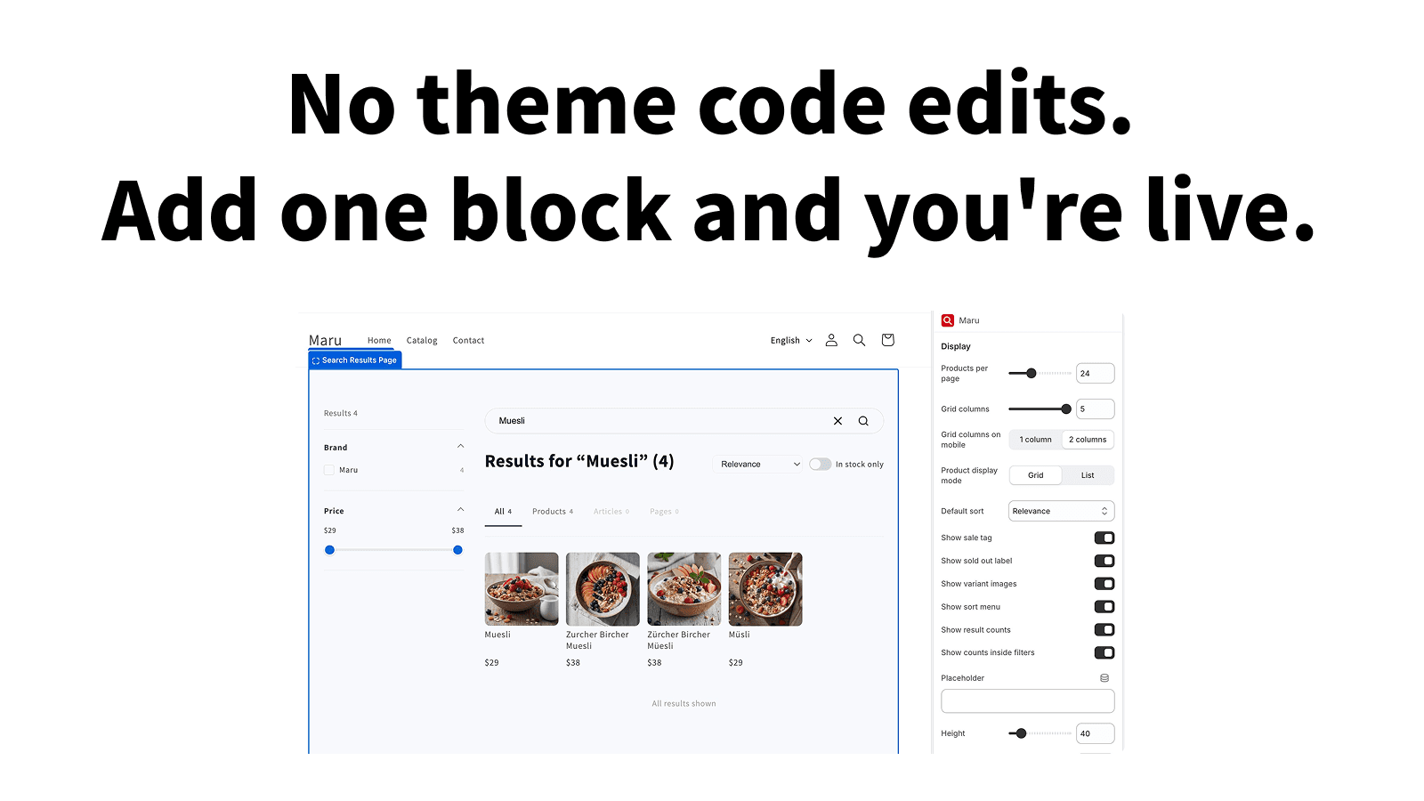 The theme editor settings panel beside the search results page reflecting those settings