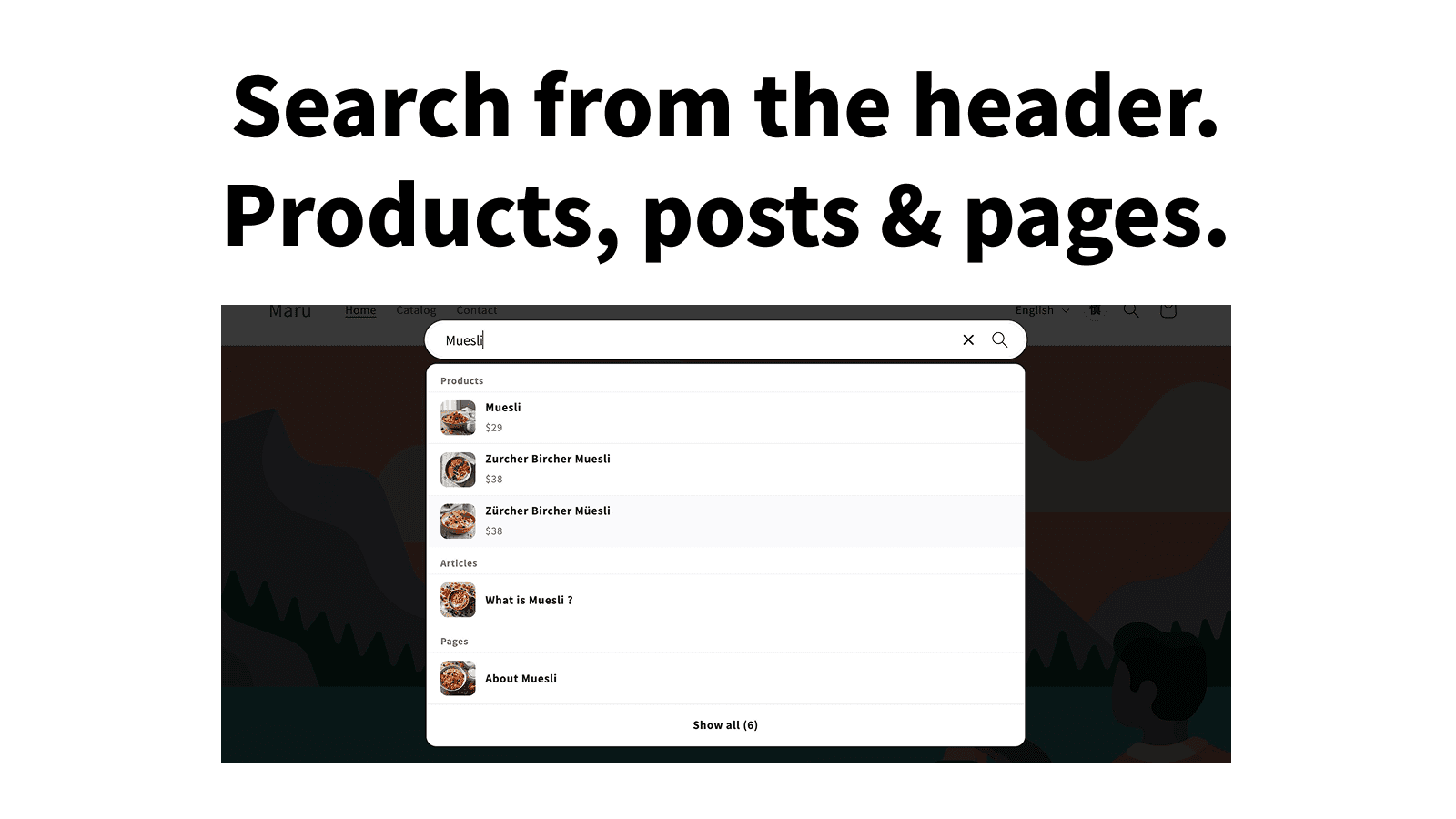 Header search with Muesli typed in, showing suggestions grouped under products, articles, and pages