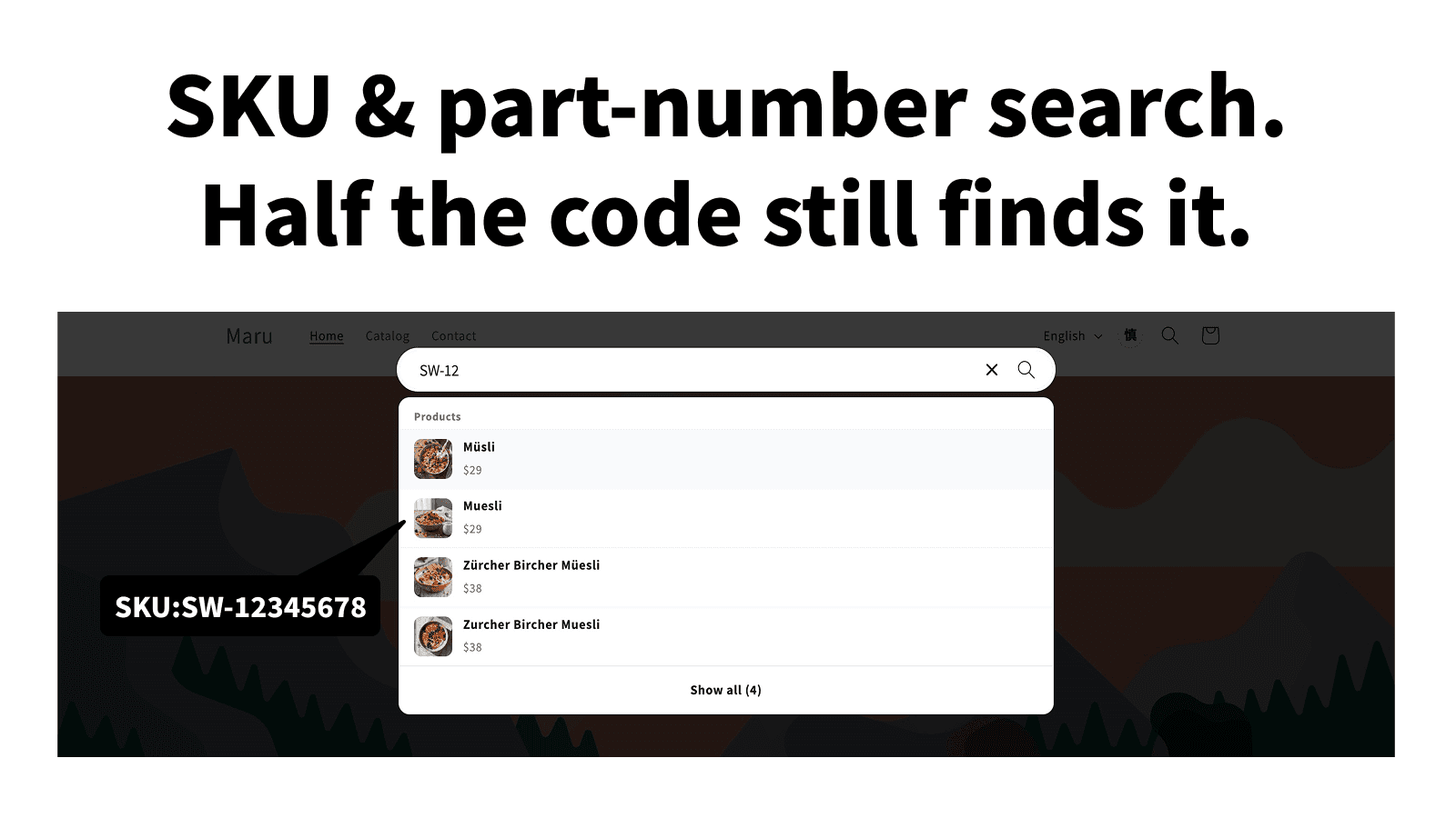 A storefront search box with SW-12 typed in, suggesting a product whose SKU is SW-12345678