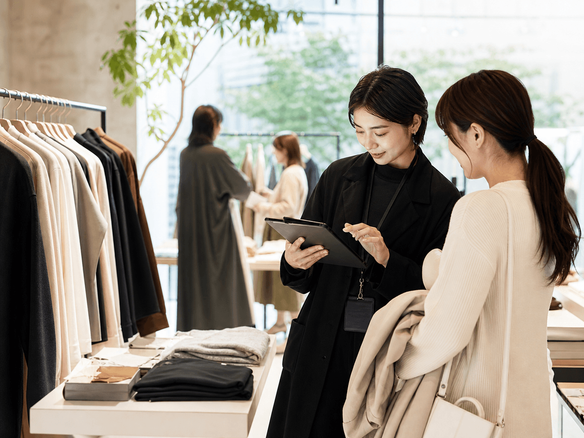 受注会の会場でShopify予約を確認するアパレルスタッフ